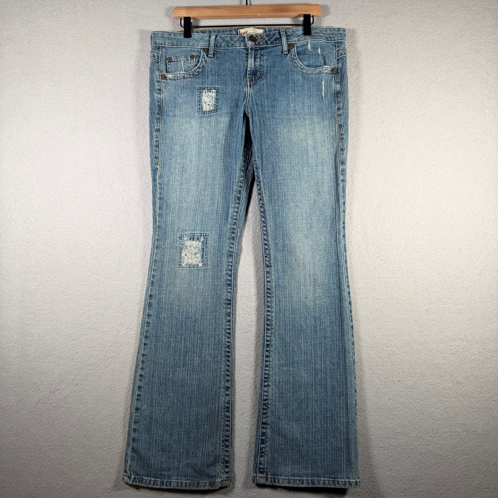 Vintage LEI Women Bootcut Jean Size 13 Medium Wash Distressed Patch Y2K Low Rise